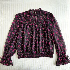 Express Floral Chiffon long sleeve peasant Blouse size S mock neck black pink